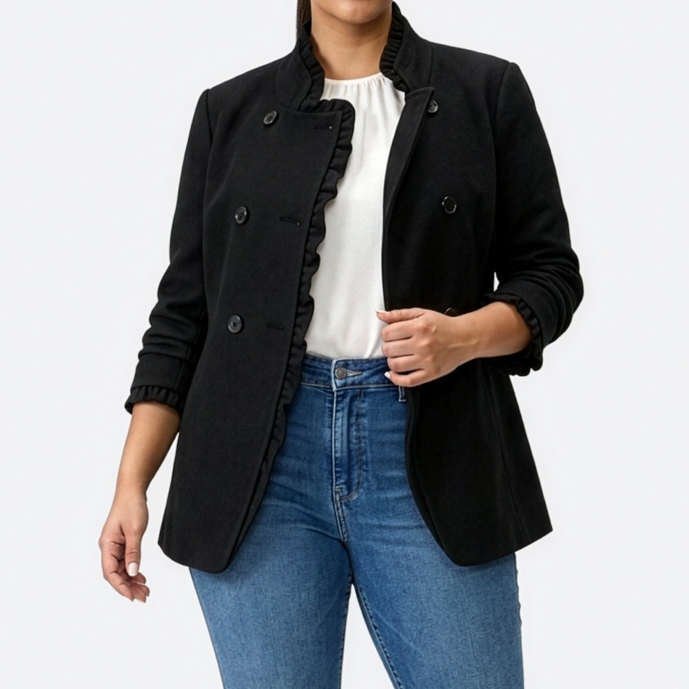 Ann Taylor Wool Ruffle Trim Military Jacket Black Double Breasted‎ Blazer 0X L